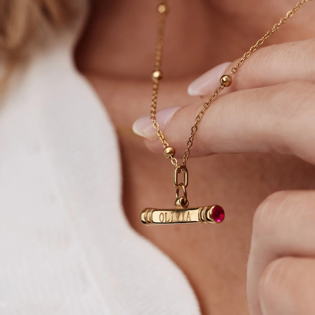 Colar T-Bar Personalizado com Nome e Pedra de Nascimento