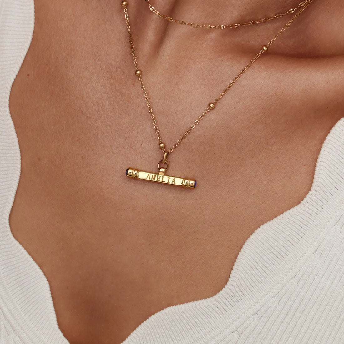 Colar T-Bar Personalizado com Nome e Pedra de Nascimento