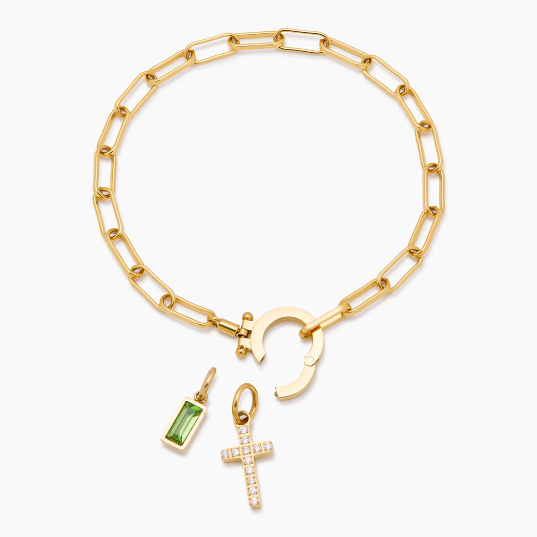 Pulseira Berloque Cruz com Pedra de Nascimento Paperclip