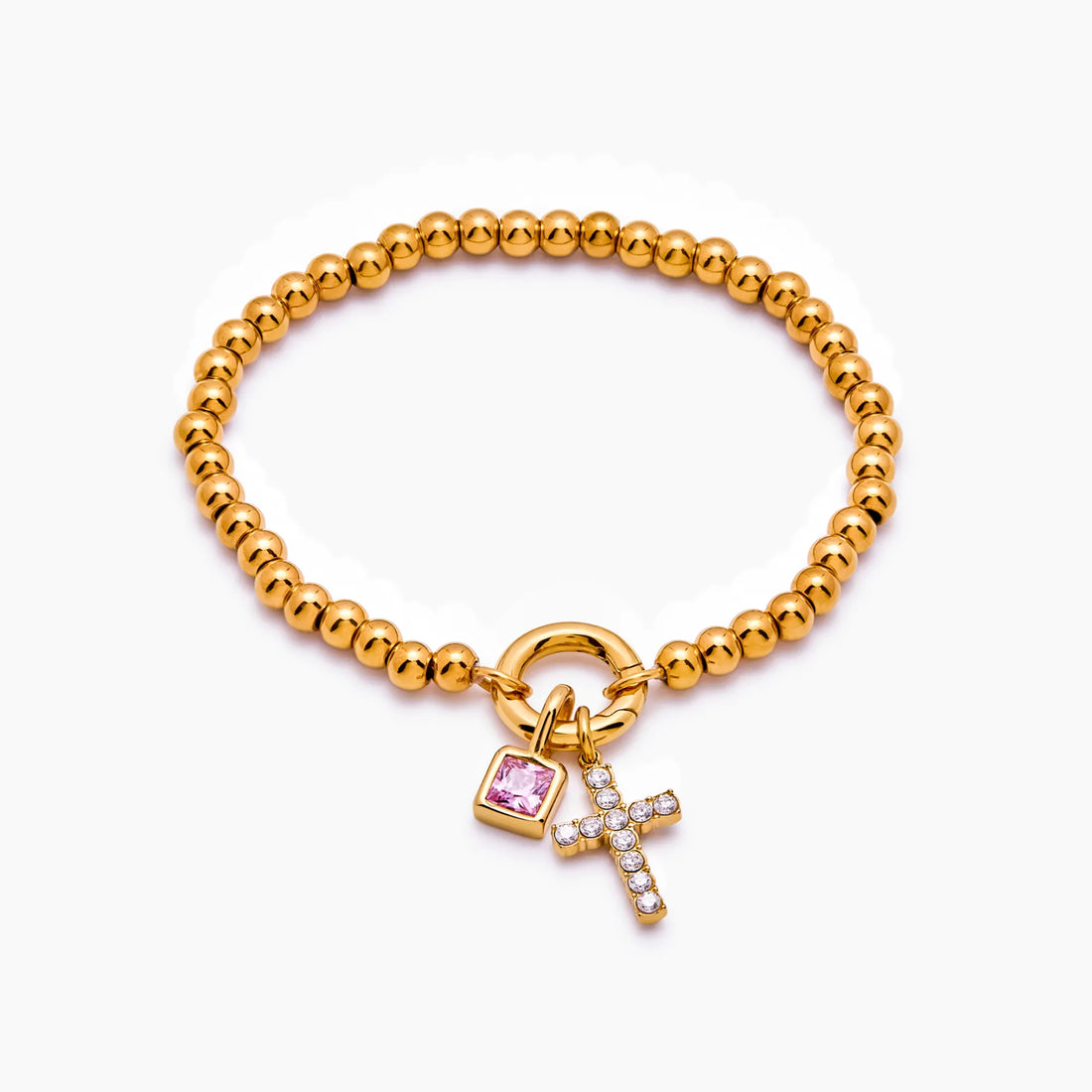 Pulseira de Contas com Cruz e Pedra de Nascimento