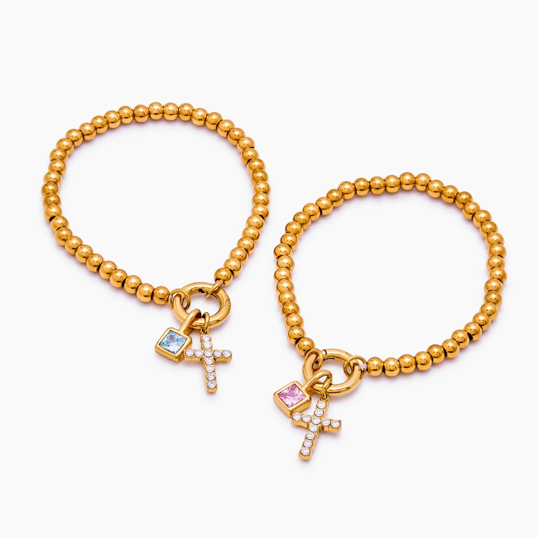 Pulseira de Contas com Cruz e Pedra de Nascimento
