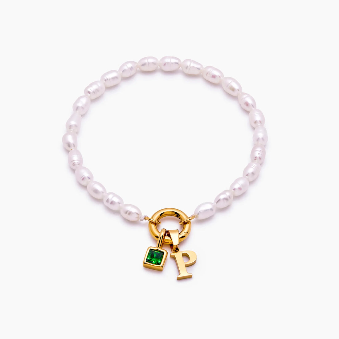 Pulseira de Pérola com Inicial e Pedra de Nascimento
