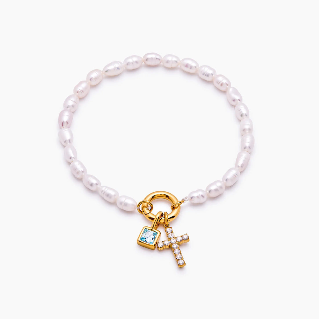 Pulseira Berloque Cruz com Pérola e Pedra de Nascimento