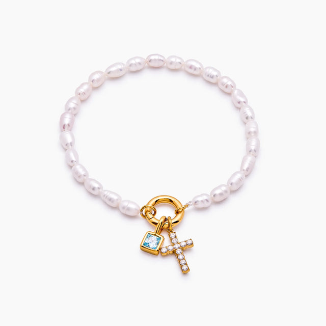 Pulseira Berloque Cruz com Pérola e Pedra de Nascimento