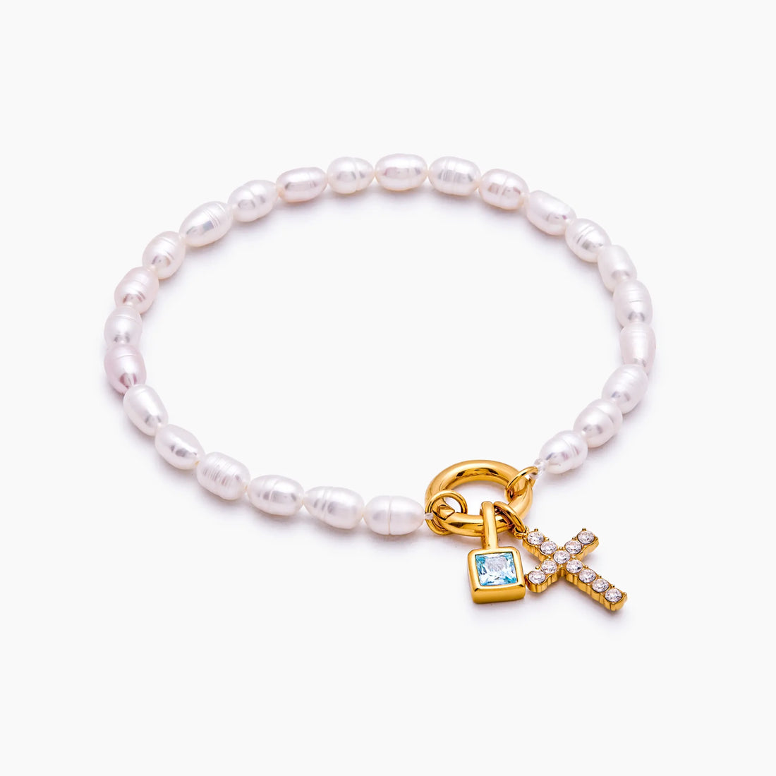 Pulseira Berloque Cruz com Pérola e Pedra de Nascimento