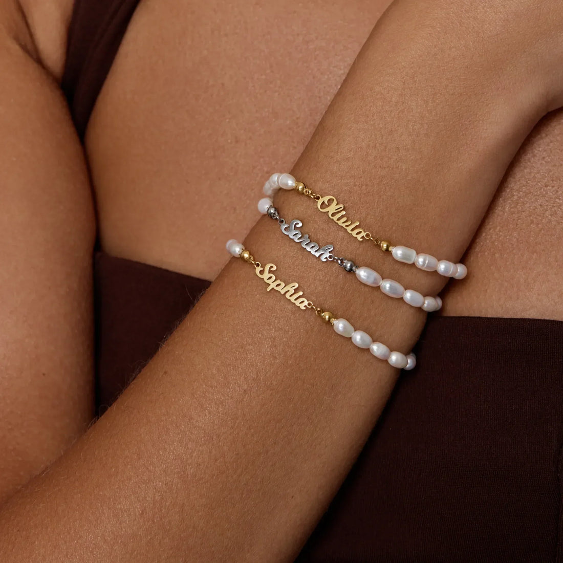 Pulseira de Nome com Pérolas de Água Doce