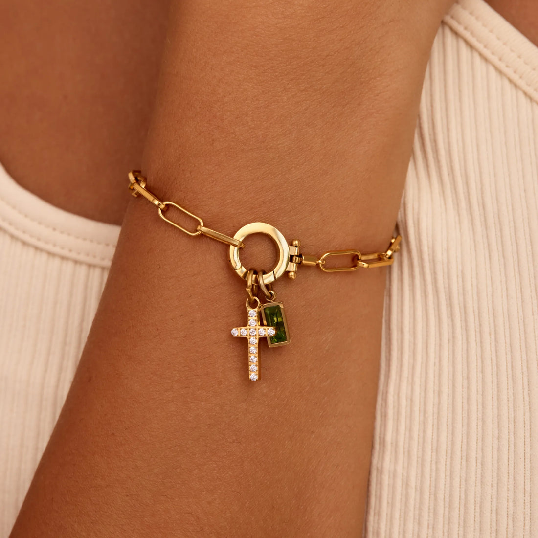 Pulseira Berloque Cruz com Pedra de Nascimento Paperclip