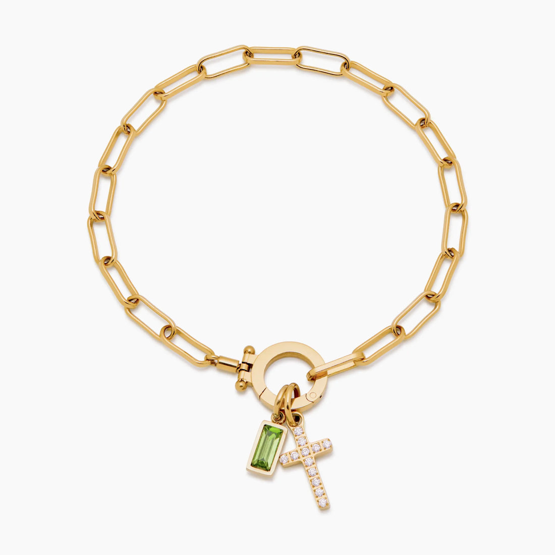 Pulseira Berloque Cruz com Pedra de Nascimento Paperclip