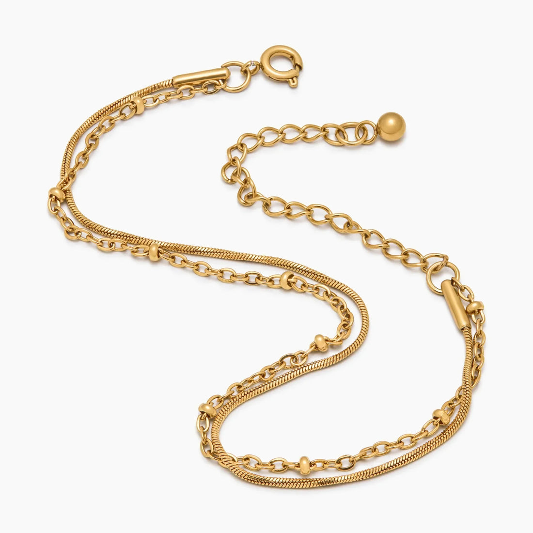 Pulseira Camadas com Corrente de Esferas e Snake Chain