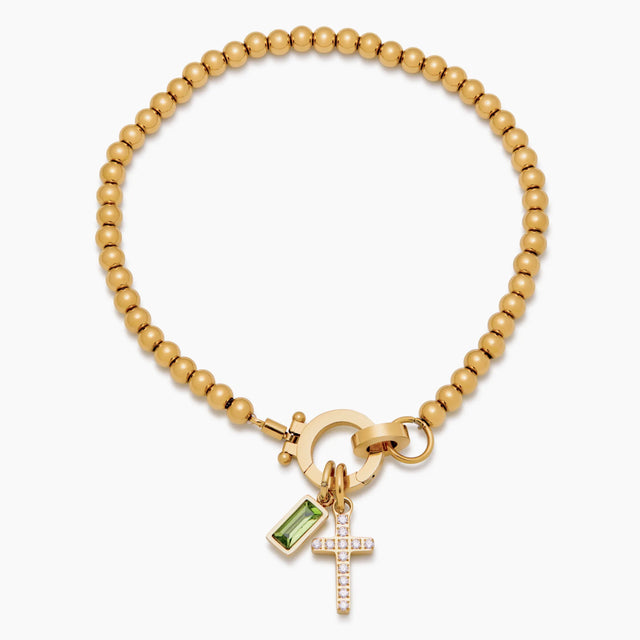 Pulseira de Contas com Berloque Cruz e Pedra de Nascimento