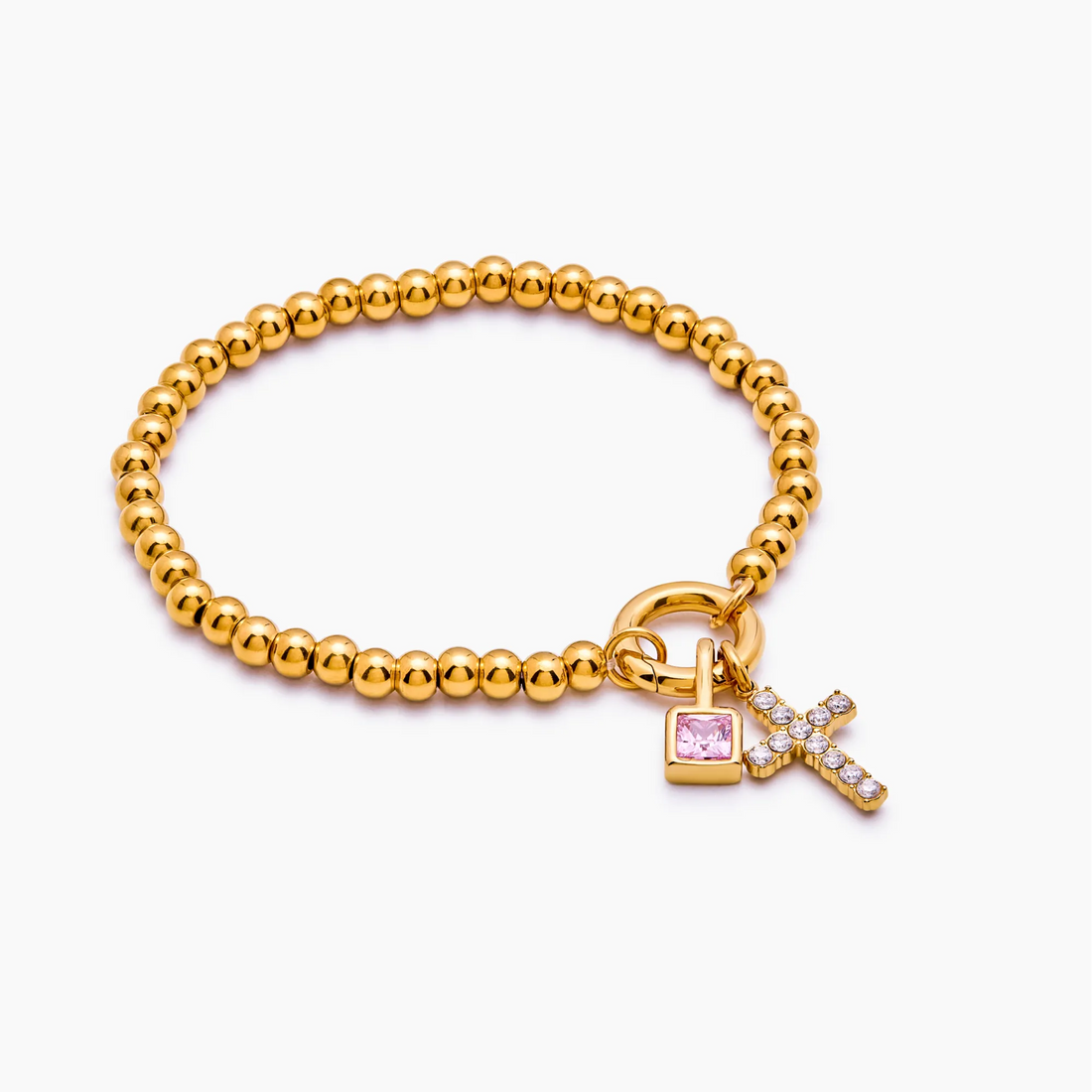 Pulseira de Contas com Cruz e Pedra de Nascimento