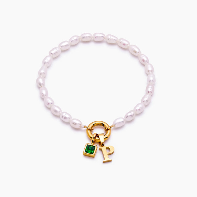 Pulseira de Pérola com Inicial e Pedra de Nascimento
