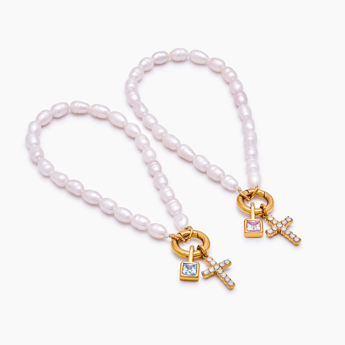 Pulseira Berloque Cruz com Pérola e Pedra de Nascimento