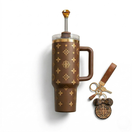 40oz Tumbler Brown + Keychain +  Straw Topper
